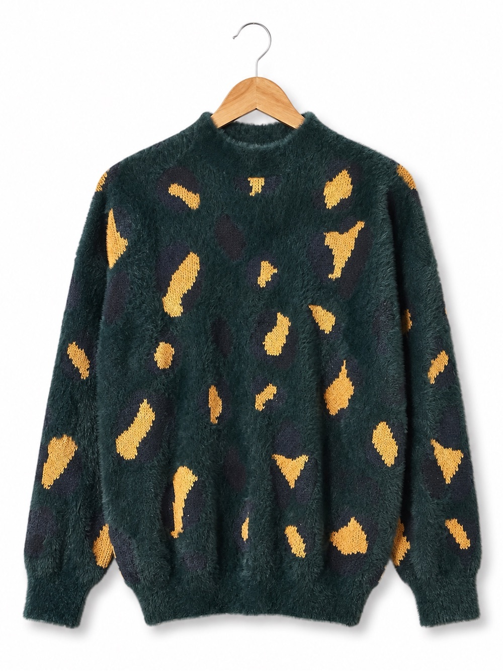 THML Green tan Fuzzy Leopard Print Sweater Size S Fluffy Eyelash Knit Abstract